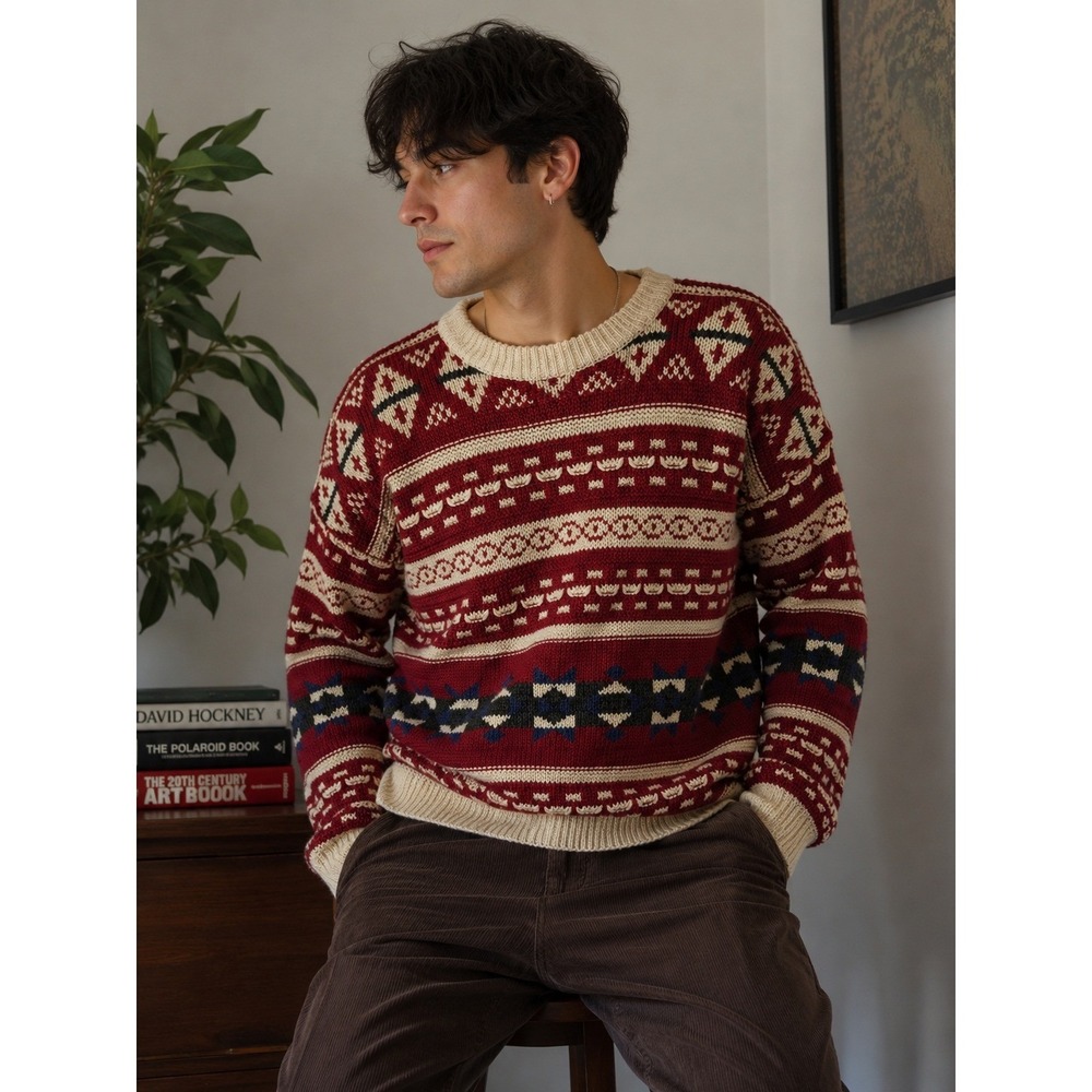 STRUCTURE Fair Isle Knit Sweater Vintage Mens L Red Cream Geometric Cotton Blend